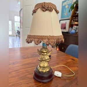 VTG Retro Praying Angel Table Lamp With Shade, Gold Tone Cherub Figurine Works